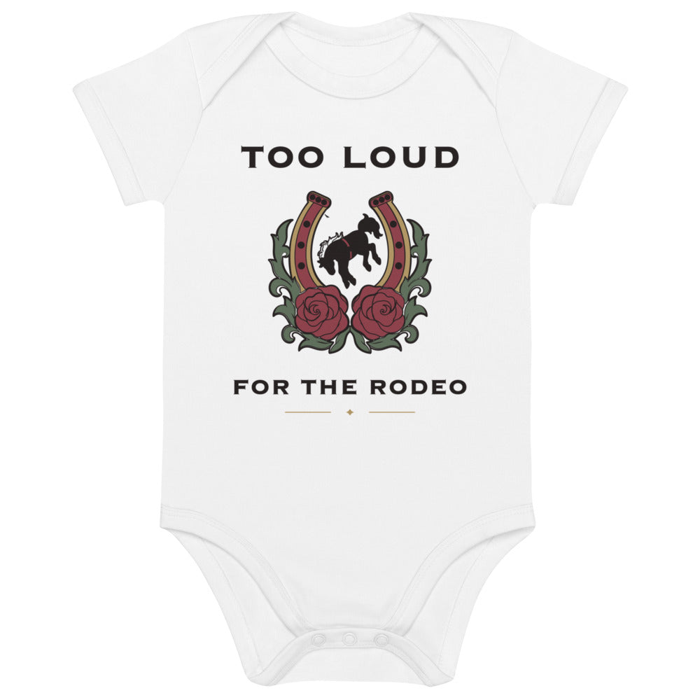 Too Loud for the Rodeo Organic Baby Bodysuit, white, rearing horse inside a rose-trimmed horseshoe, product view.