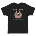 Too Loud for the Rodeo Toddler Tee, black, rearing horse inside a rose-trimmed horseshoe, product view.