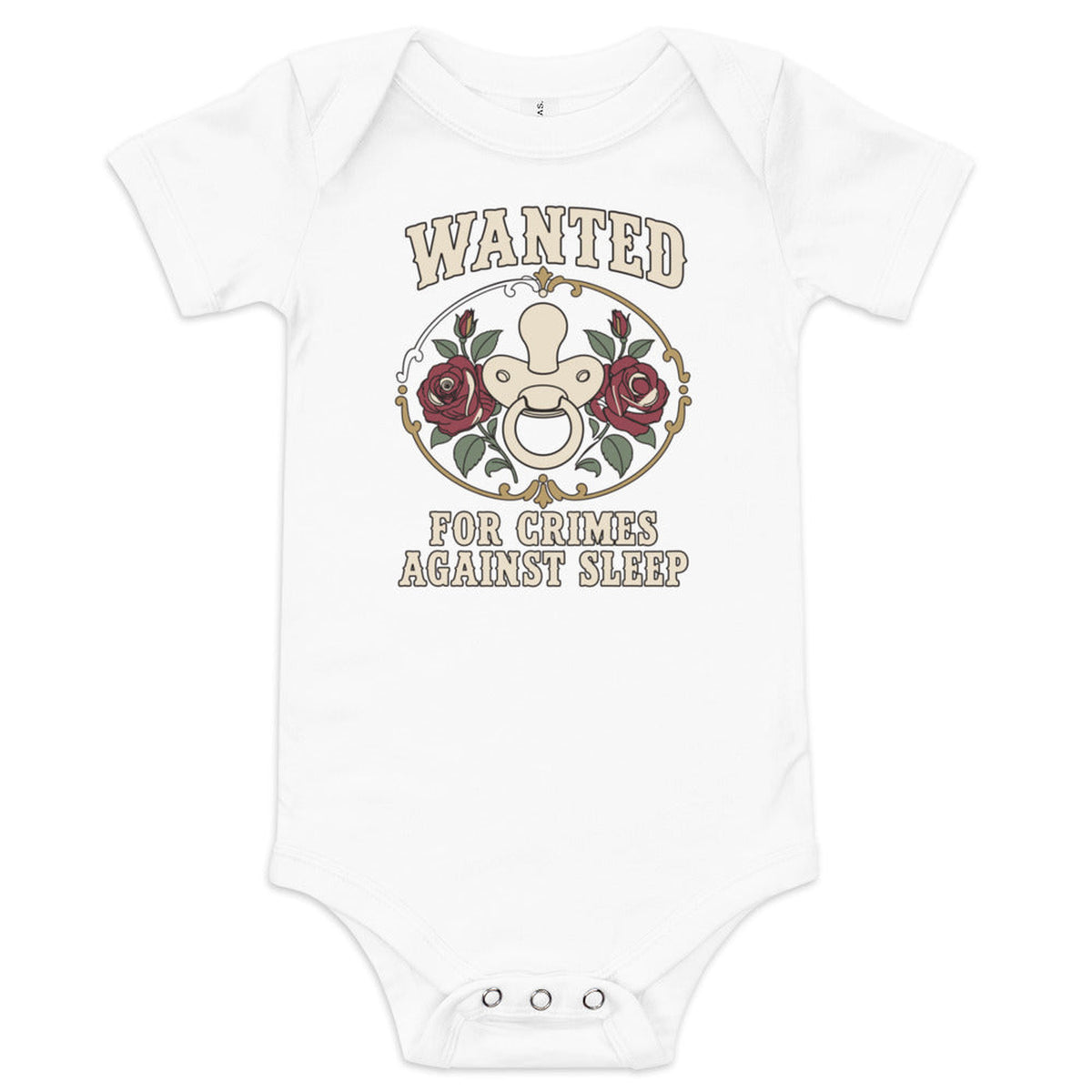 Wanted: For Crimes Against Sleep Baby Bodysuit in White, product view on clean background.