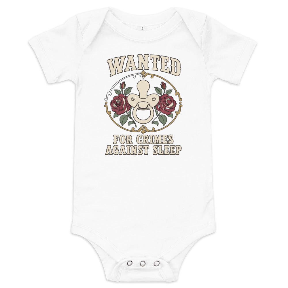 Wanted: For Crimes Against Sleep Baby Bodysuit, white, rose-framed pacifier cameo with western Wanted lettering, product view.