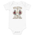 Wanted: For Crimes Against Sleep Baby Bodysuit, white, rose-framed pacifier cameo with western Wanted lettering, product view.