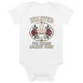 Wanted: For Crimes Against Sleep Organic Baby Bodysuit, white, rose-framed pacifier cameo with western Wanted lettering, product view.