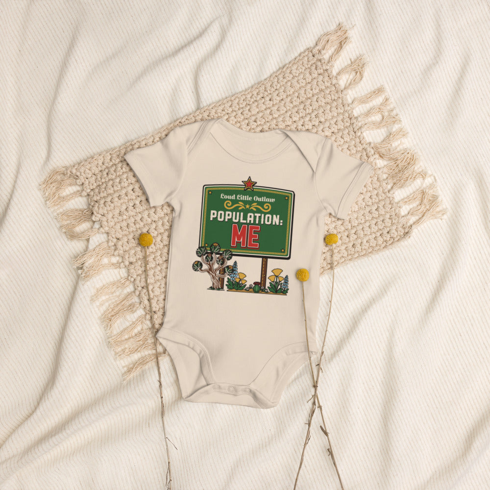 Population: Me Organic Baby Bodysuit, Natural, natural, population: Me town sign with desert plants and flowers, front view.