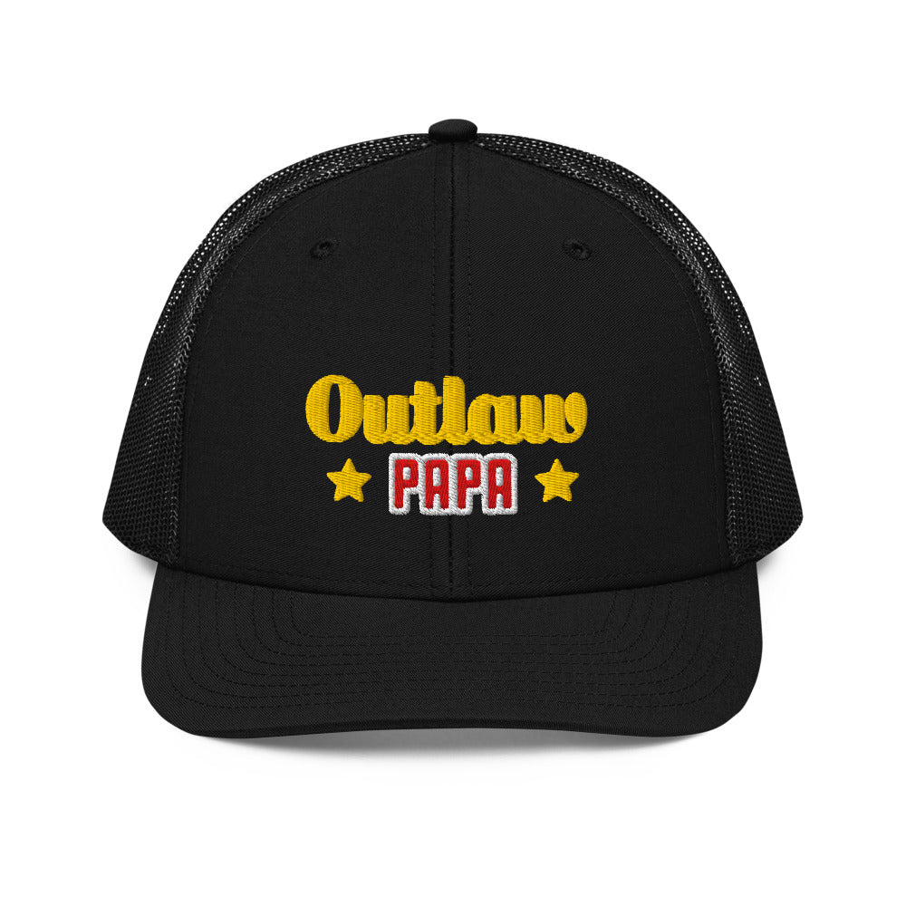 Outlaw Papa Embroidered Trucker Hat, black, gold Outlaw script above red PAPA between two gold stars, back view.