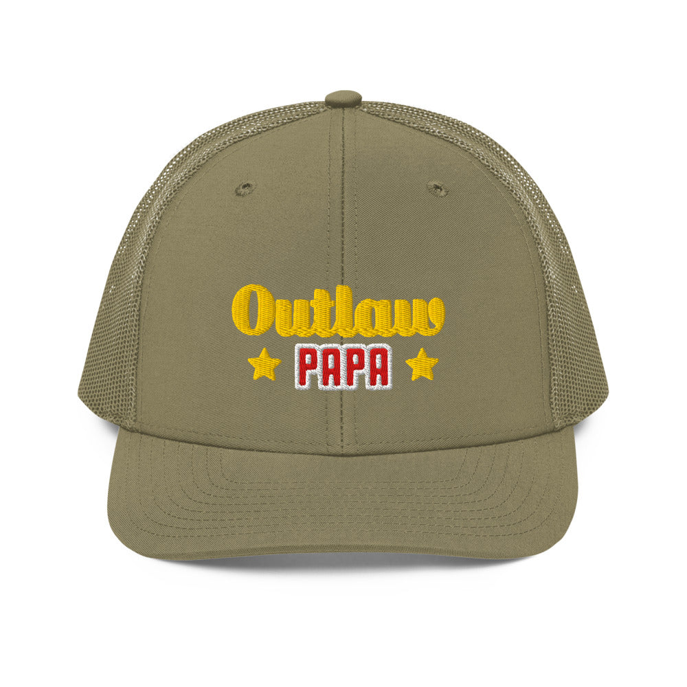 Outlaw Papa Embroidered Trucker Hat, loden, gold Outlaw script above red PAPA between two gold stars, back view.