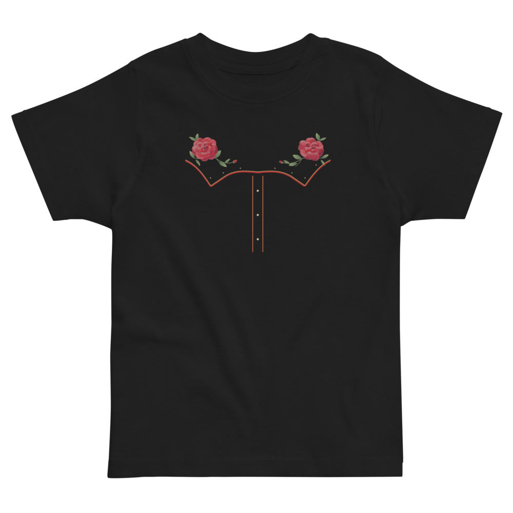 Little Rodeo Suit Toddler T-Shirt, Midnight Rose, black, printed western yoke, roses, piping and pearl-style dots, front view.