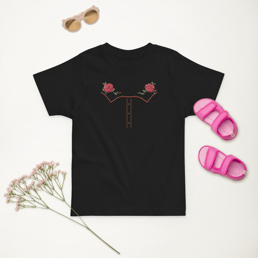 Little Rodeo Suit Toddler T-Shirt, Midnight Rose, black, printed western yoke, roses, piping and pearl-style dots, front view.
