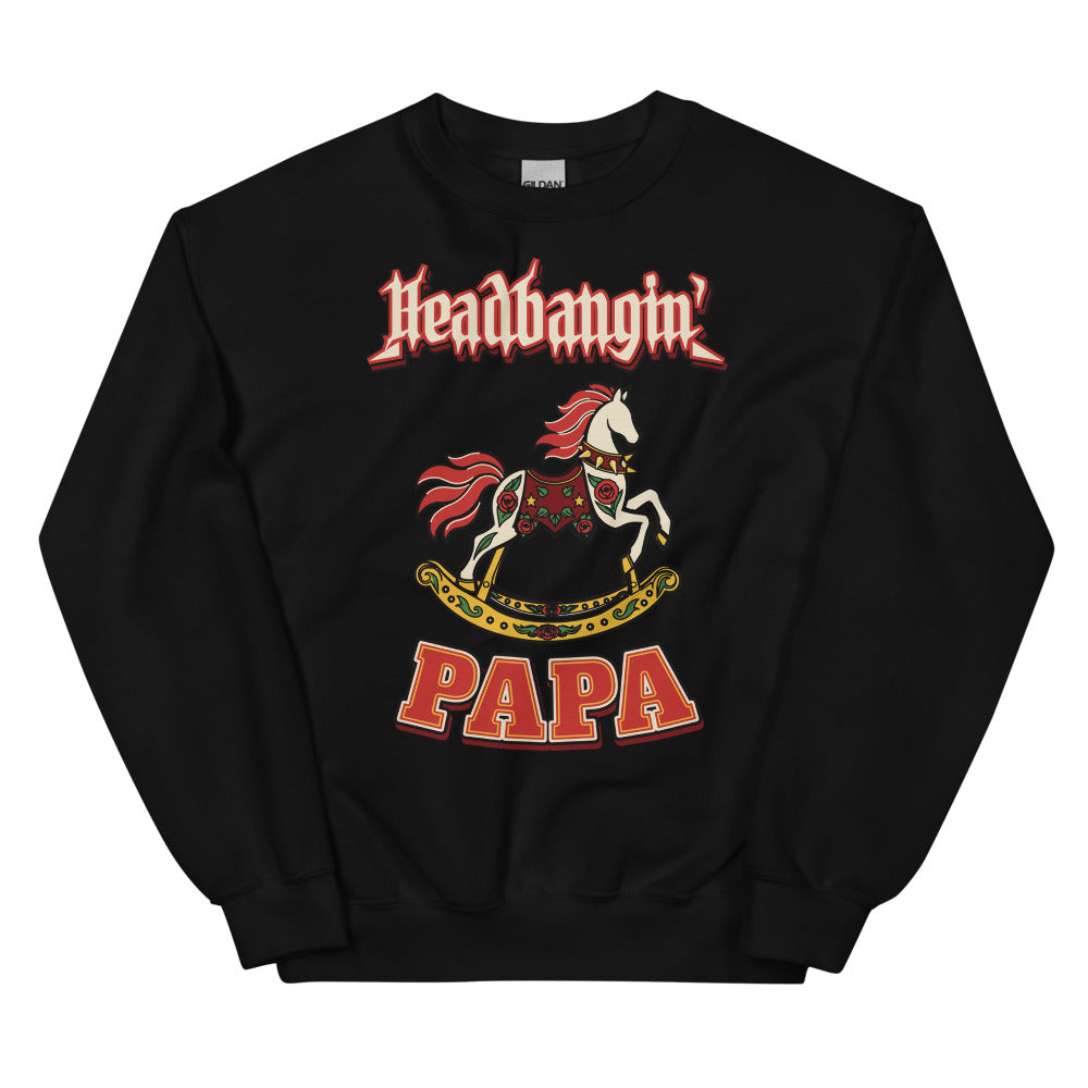 Headbangin' Papa Varsity Crewneck Sweatshirt, black, rose-trimmed rocking horse, Headbangin' lettering and varsity PAPA letters, front view.