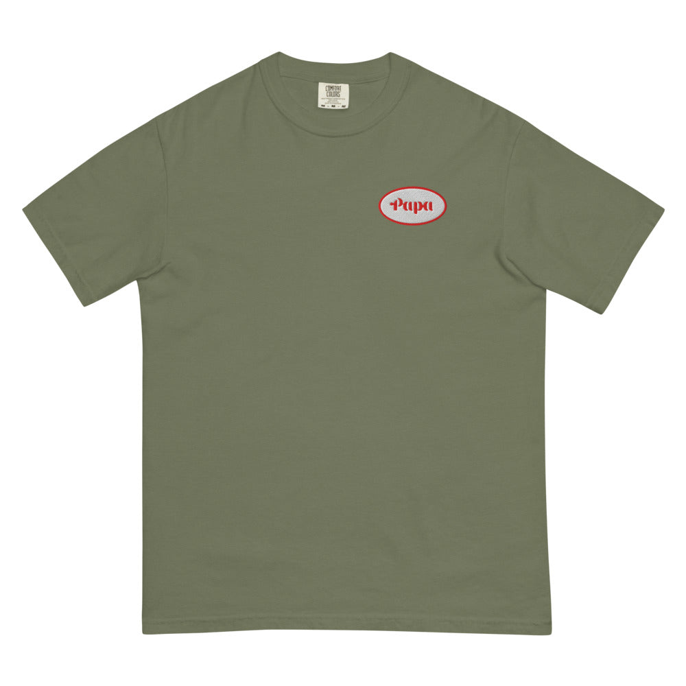 Getaway Driver Papa Heavyweight Work Tee, moss, embroidered Papa oval chest mark and rearing horse Getaway Driver back print, front view.