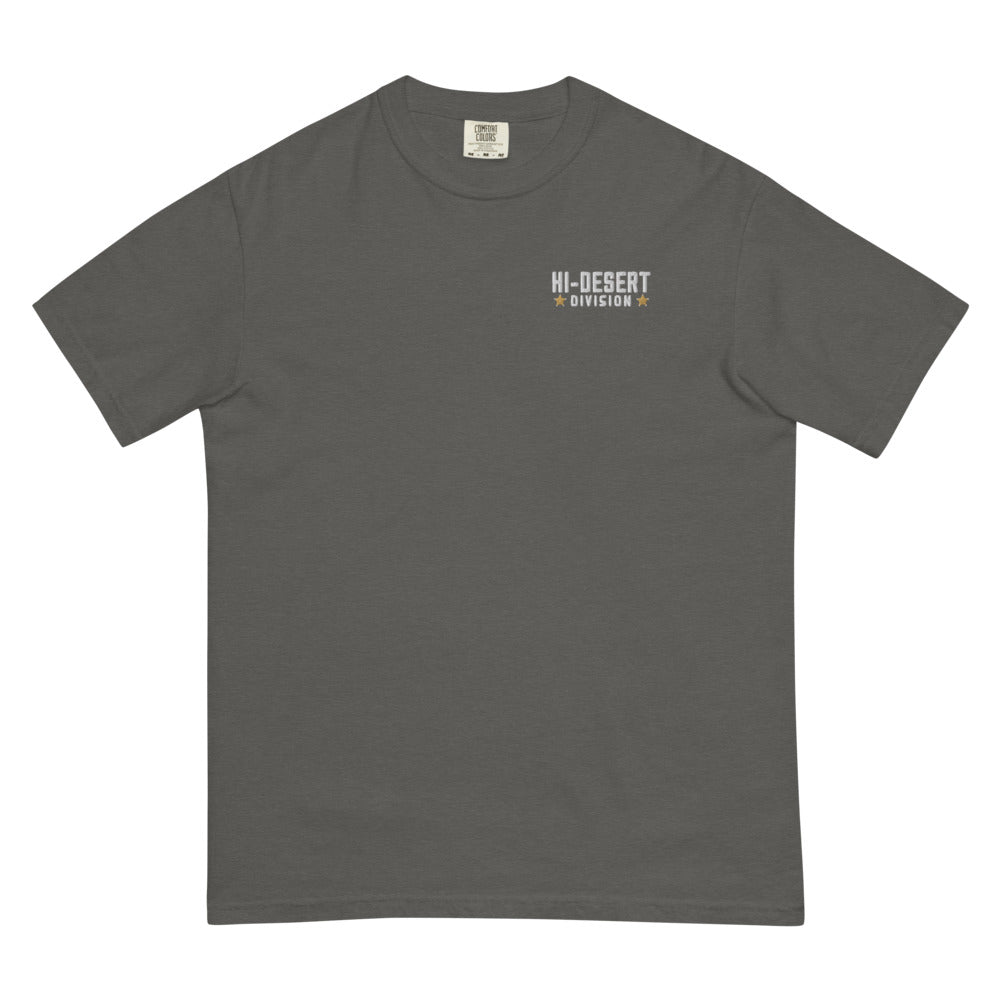 Papa of a Loud Little Outlaw Hi-Desert Heavyweight Tee, pepper, small embroidered Hi-Desert Division chest mark and Joshua tree back print reading Papa of a Loud Little Outlaw, front view.