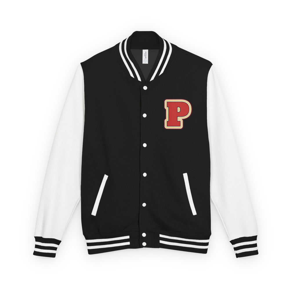 Outlaw Papa Varsity Letterman Jacket, jet black / arctic white, printed patch-look P on the chest and Outlaw Papa club graphic with a rose-framed sheriff star on the back, front view.