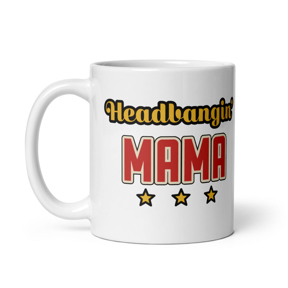 Headbangin' Mama Mug, white, headbangin' Mama lettering and stars on one side, rose-trimmed rocking horse on the other, handle on left.