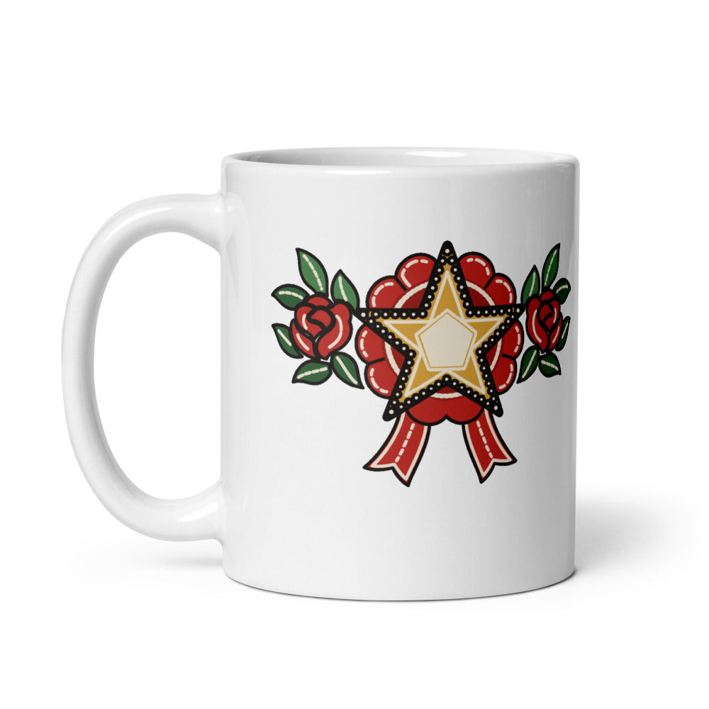 Loud Little Sheriff Mug, white, rose-framed sheriff badge on one side and Loud Little Sheriff lettering on the other, handle on left.