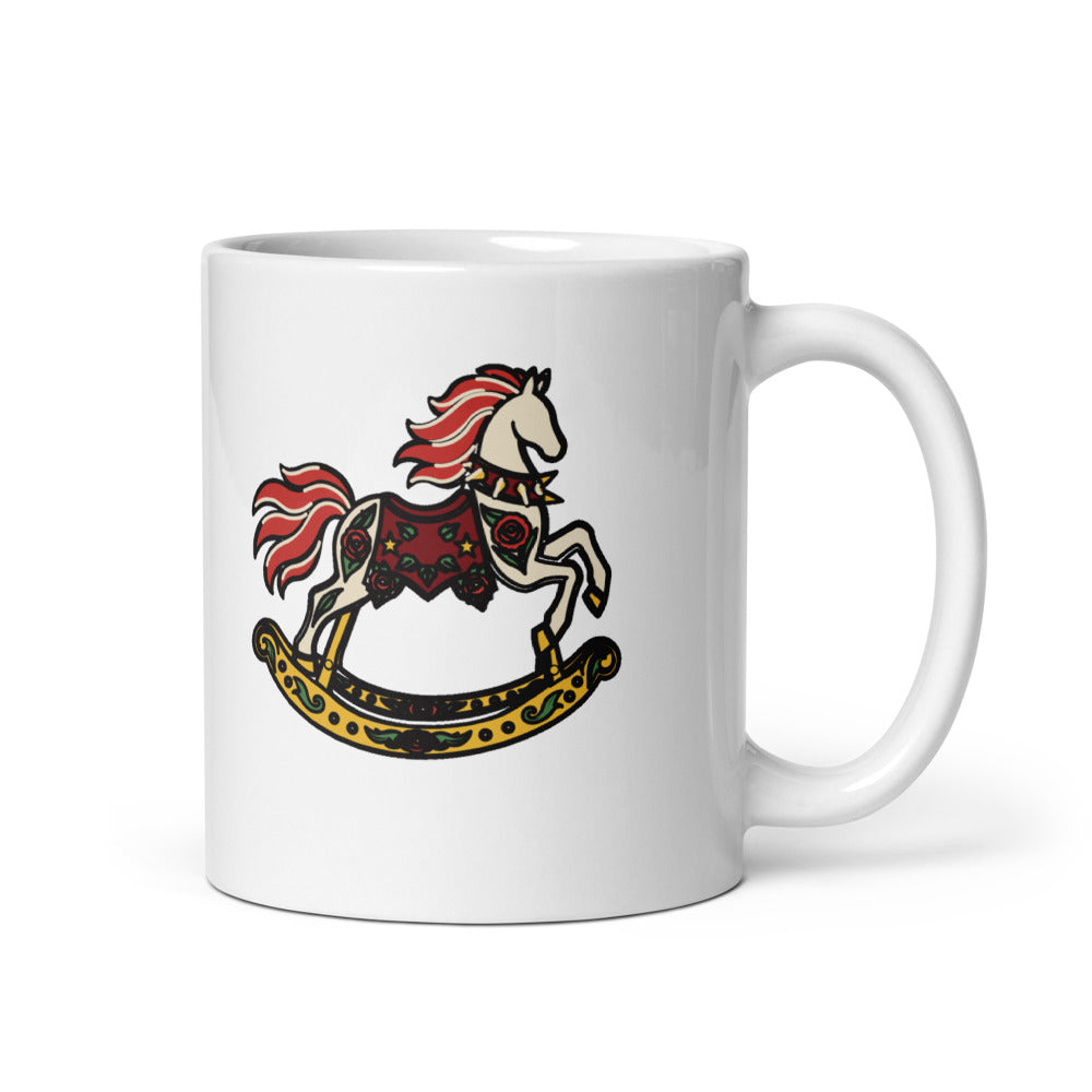 Headbangin' Mama Mug, white, headbangin' Mama lettering and stars on one side, rose-trimmed rocking horse on the other, handle on right.