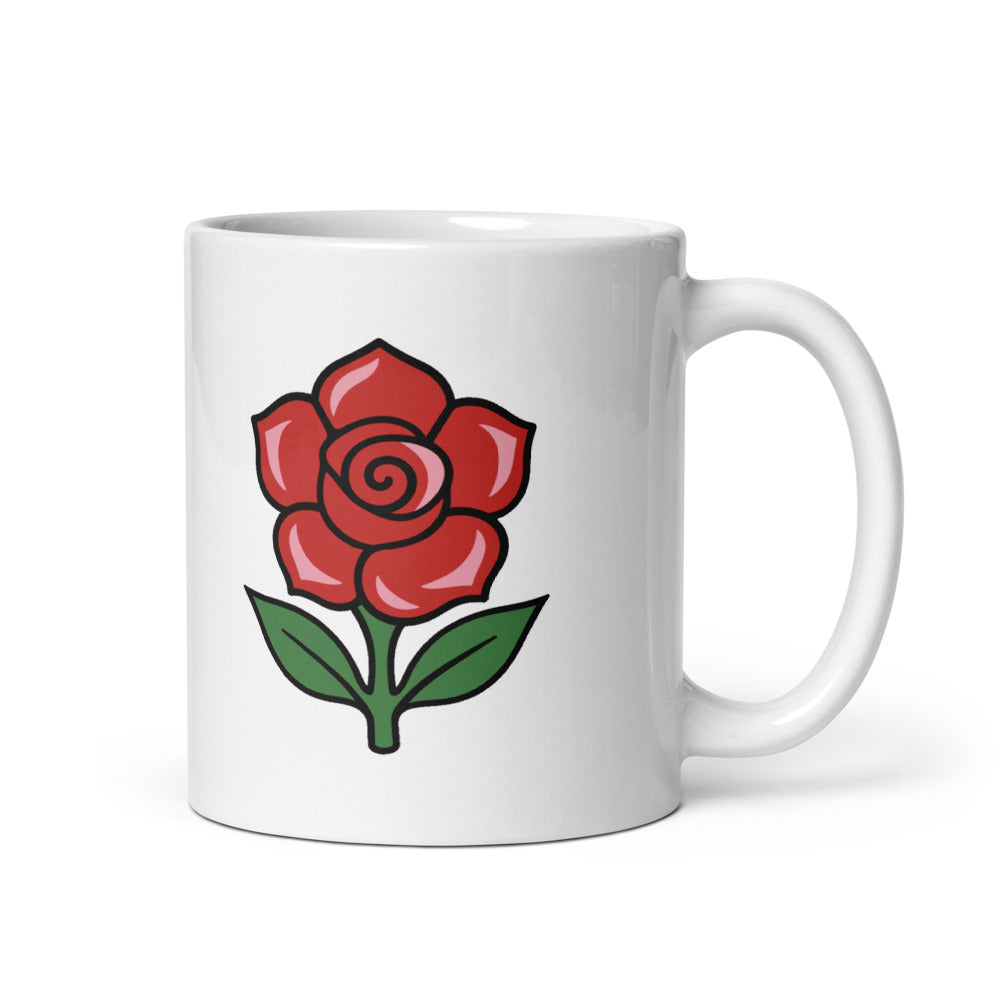 Loud Little Outlaws Rose Mug, white, red Loud Little Outlaws wordmark on one side and tattoo-flash rose on the other, handle on right.