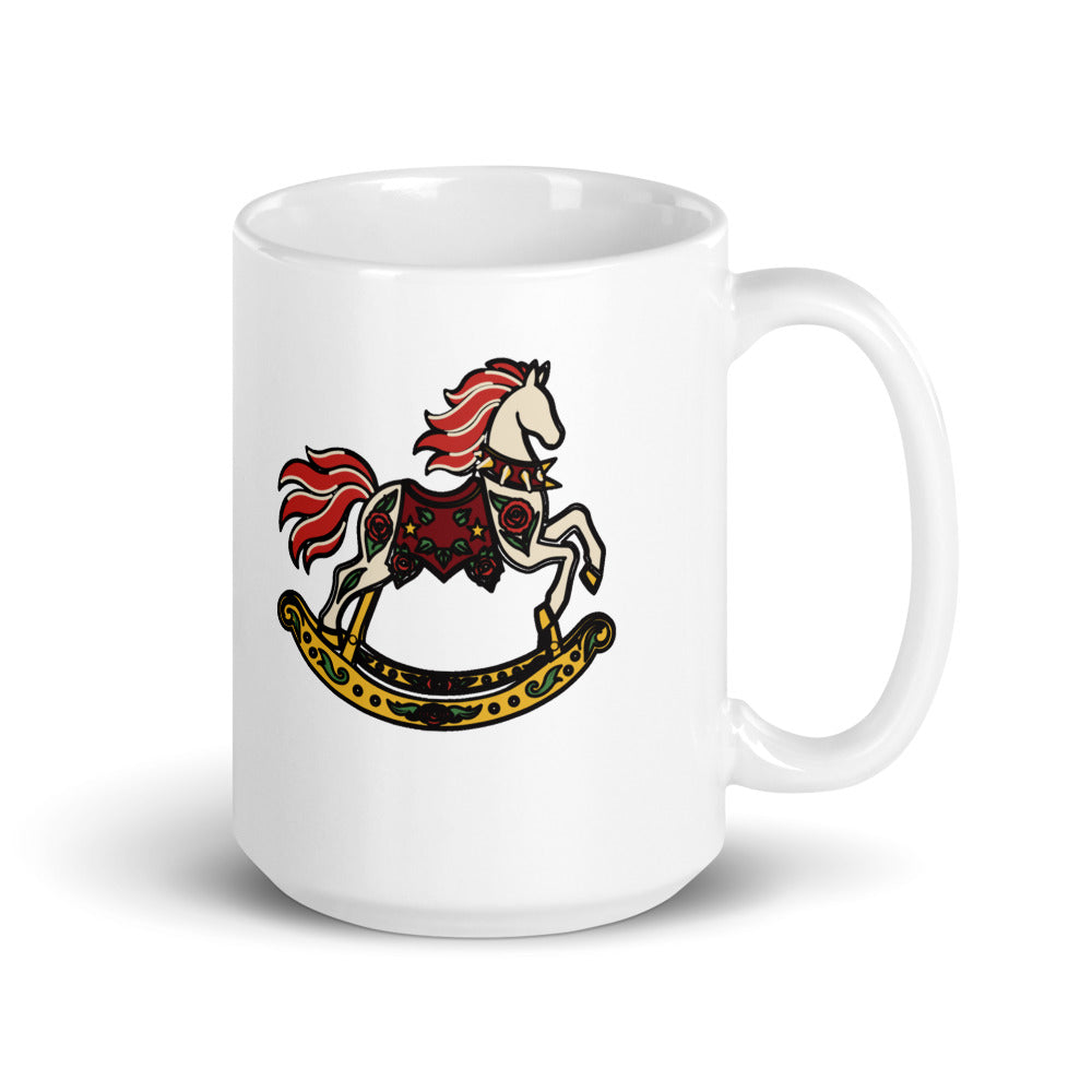 Headbangin' Mama Mug, white, headbangin' Mama lettering and stars on one side, rose-trimmed rocking horse on the other, handle on right.