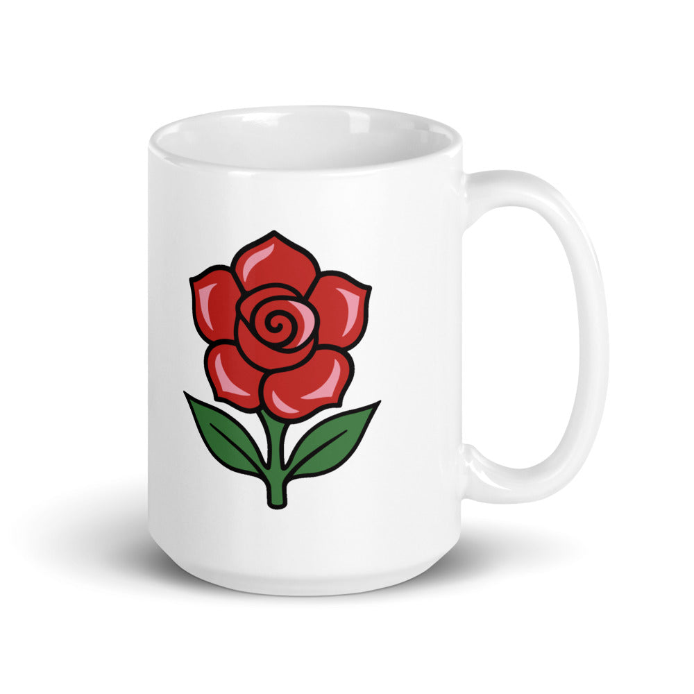 Loud Little Outlaws Rose Mug, white, red Loud Little Outlaws wordmark on one side and tattoo-flash rose on the other, handle on right.